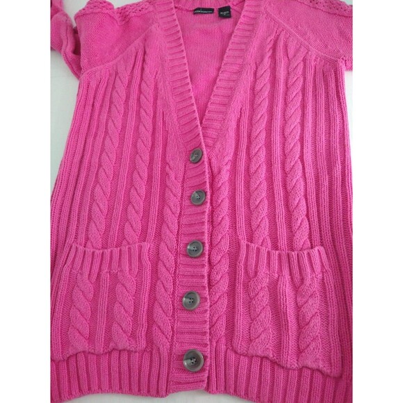 VTG Moda Intl Sweater size Med PINK Med Cable Fisherman Cardigan chore pockets - Picture 8 of 13